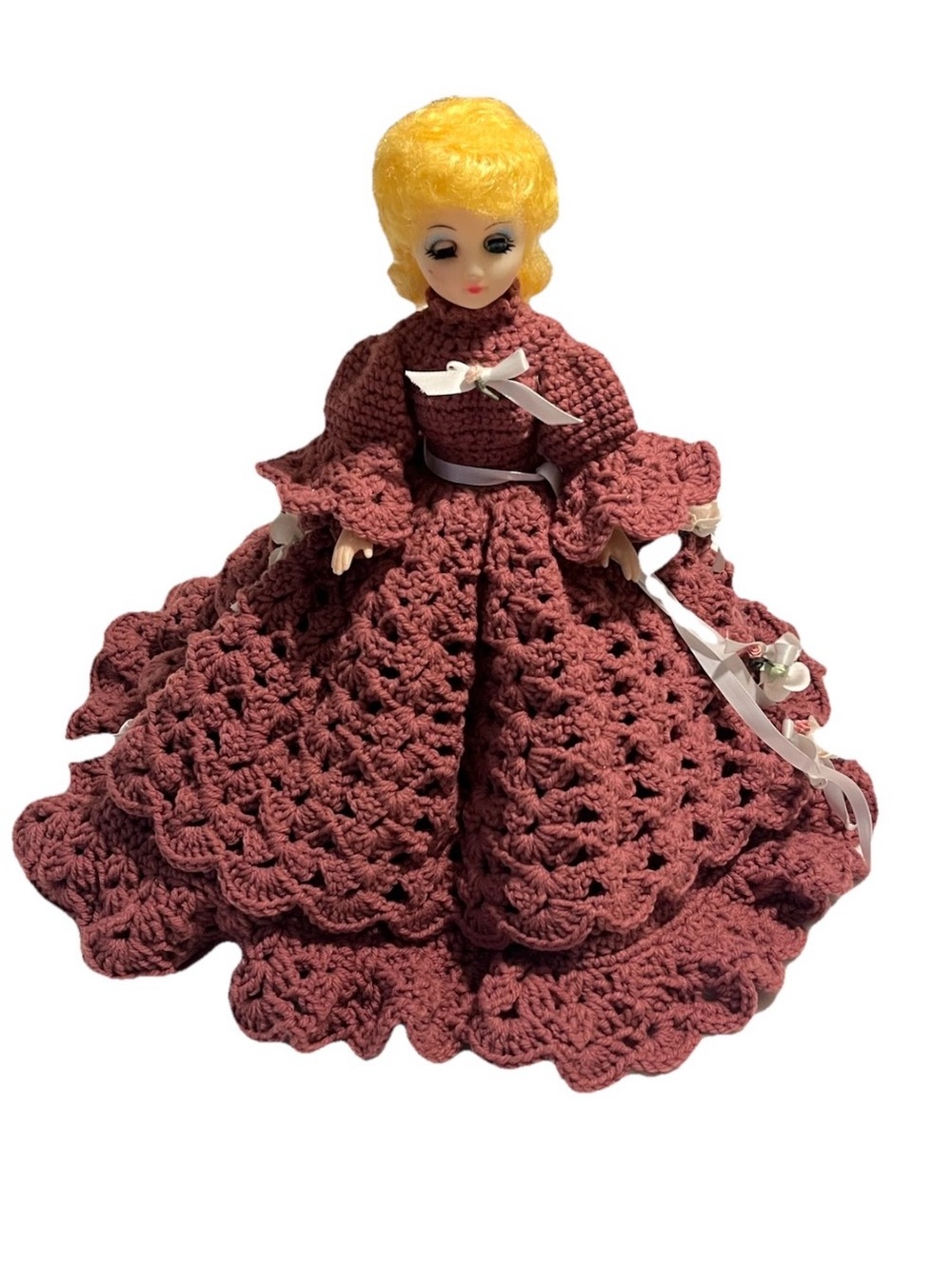Vintage Crochet Doll Dress on Porcelain Doll - Dusty Rose 3 layer
